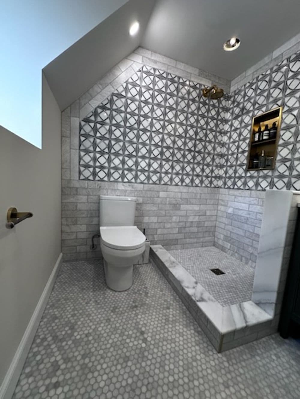Modern bathroom featuring a tiled shower, toilet, and hexagonal floor tiles in a bright space.