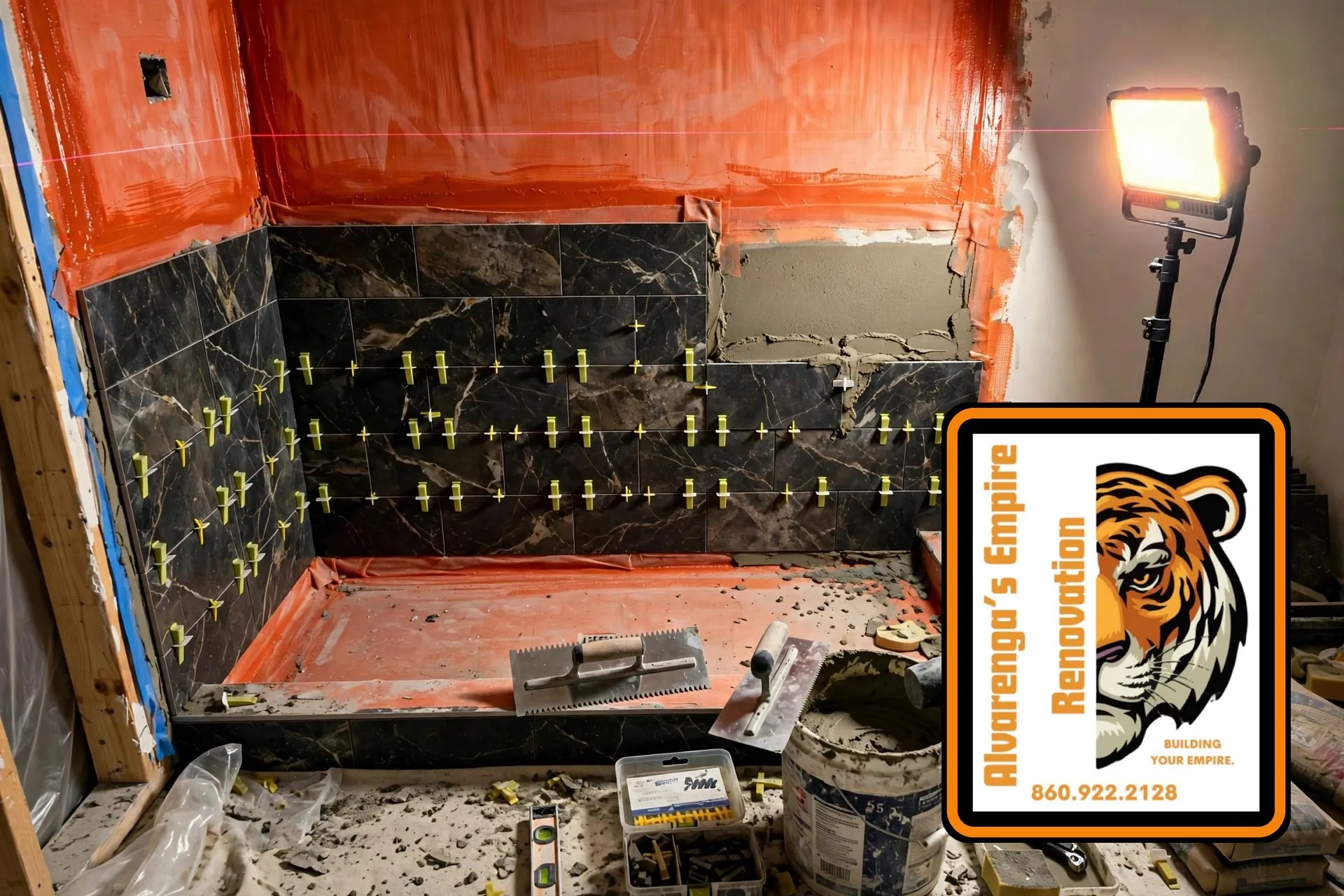 Gallery photos for South Windsor Bathroom Remodel with Dark Marble Tile and Custom Shower: Image #1